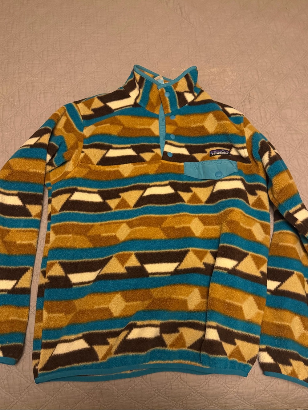 Patagonia Teal and Mustard Geometric Zip-Up Fleece